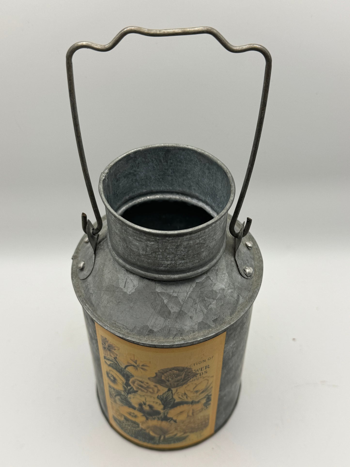 Vintage Style Galvanized Metal Milk Can with Floral Label