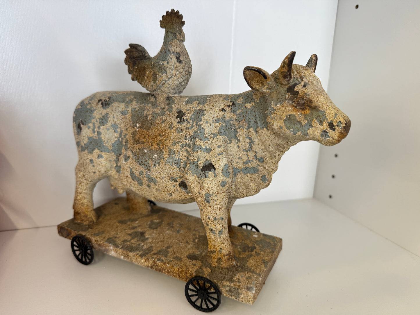Resin 10" Brown Spring Rustic Cow and Chicken On Wheels