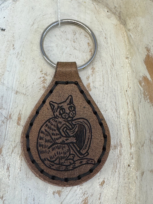 Leather Keychain - Teardrop Cat w/ Harp
