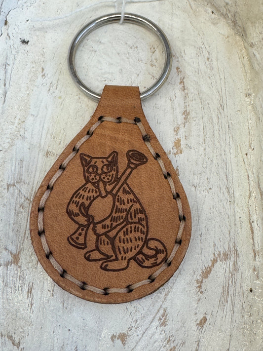 Leather Keychain - Teardrop Cat w/ Bagpipe