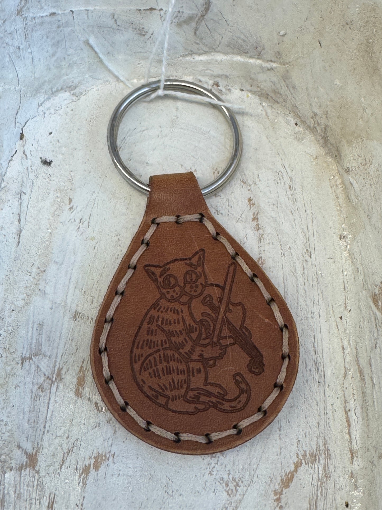 Leather Keychain - Teardrop Cat w/ Fiddle