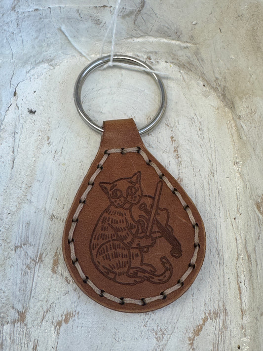 Leather Keychain - Teardrop Cat w/ Fiddle