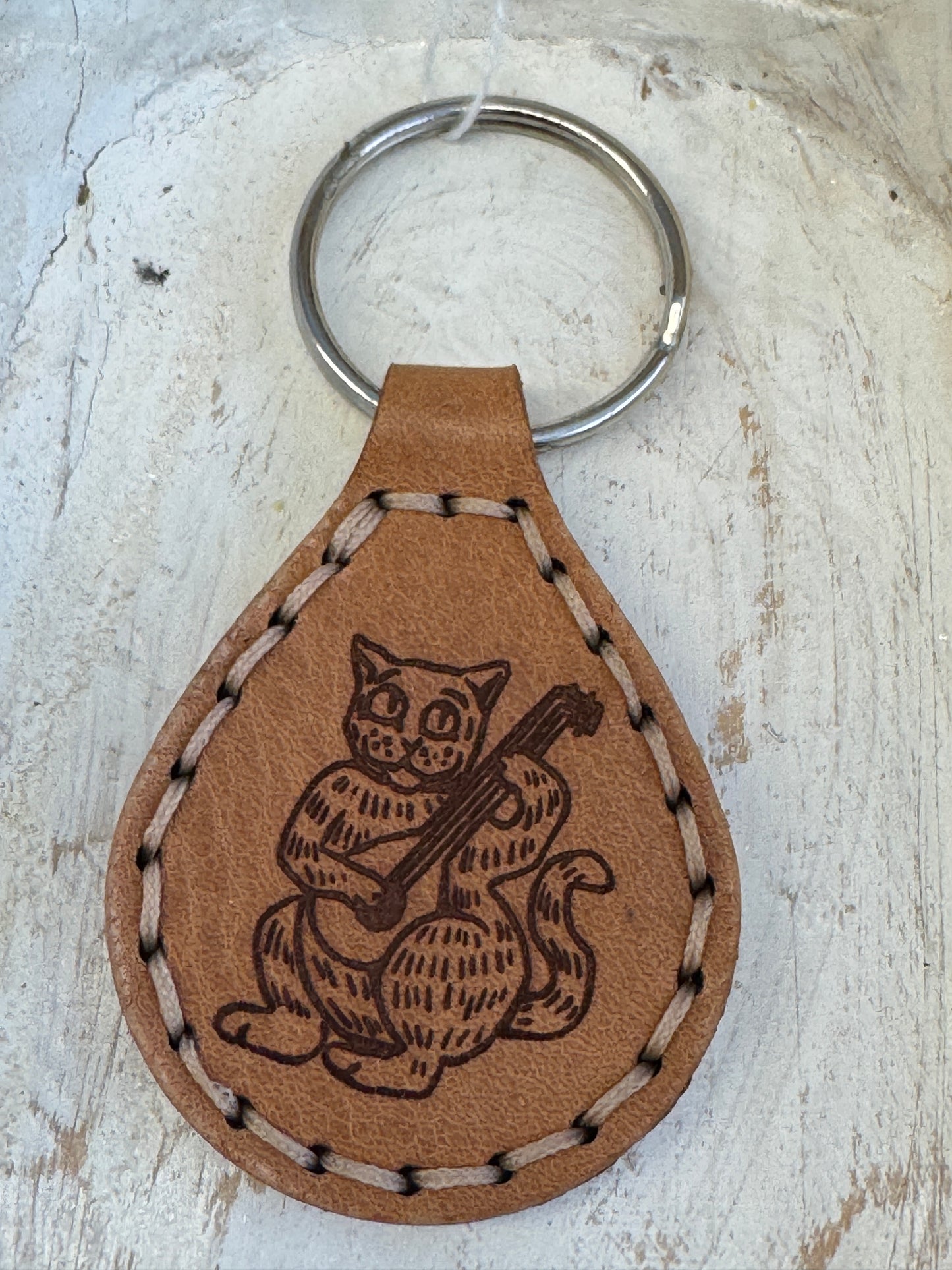 Leather Keychain - Teardrop Cat w/ Lute