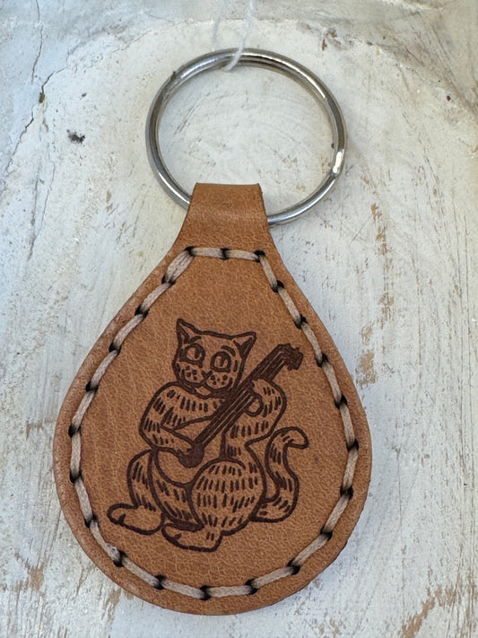 Leather Keychain - Teardrop Cat w/ Lute