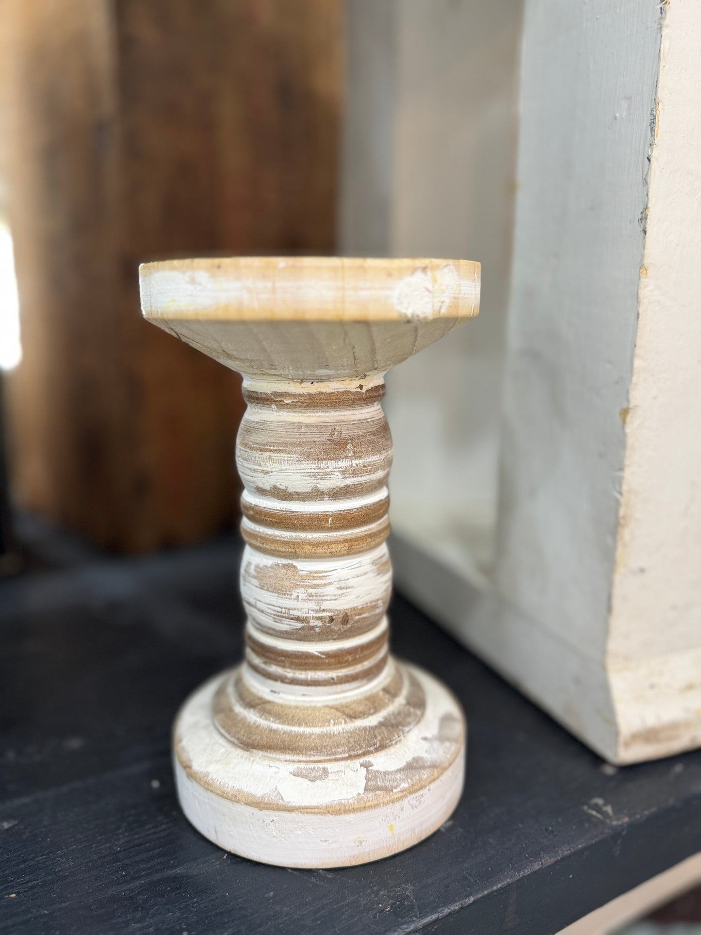 Rustic Distressed Wooden Candle Holder – 8"
