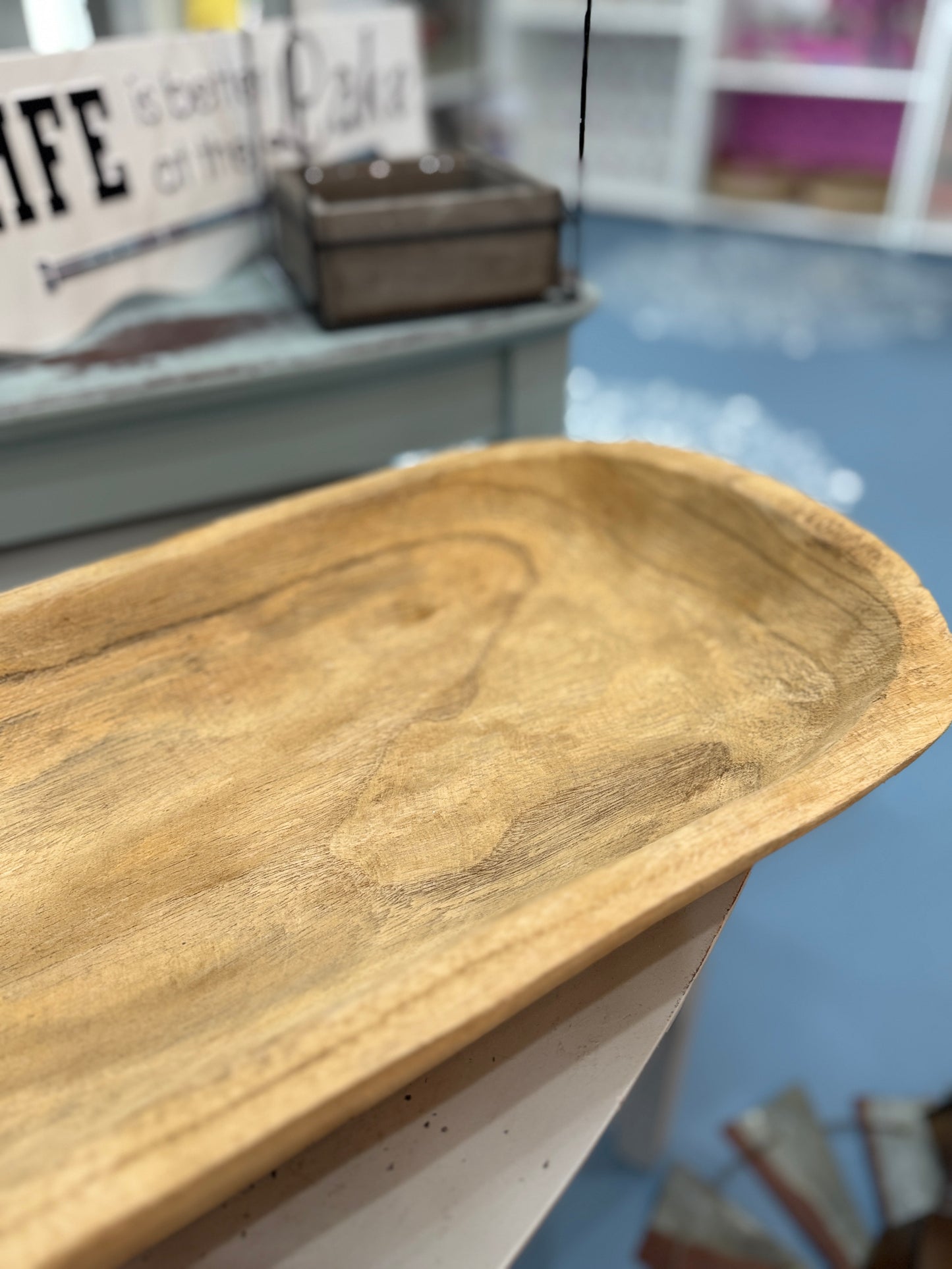 Vintage Hand-Carved Wooden Dough Bowl Tray - 22"