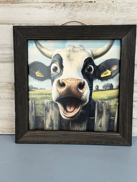 Silly Smiling Cow Framed Wall Art 12x12