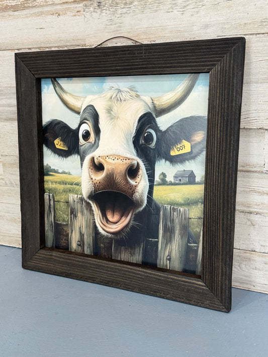 Silly Smiling Cow Framed Wall Art 12x12