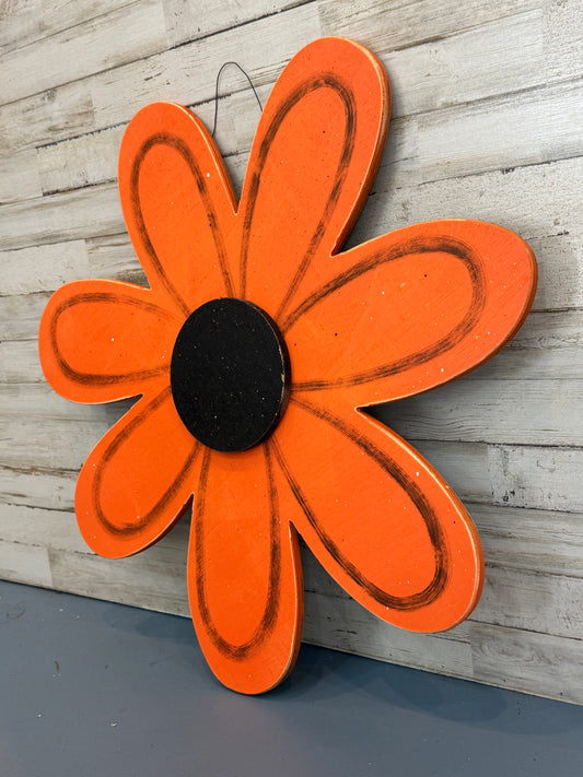 Distressed Orange Wooden Daisy Wall Hanging | Rustic Farmhouse Flower Decor - 24"