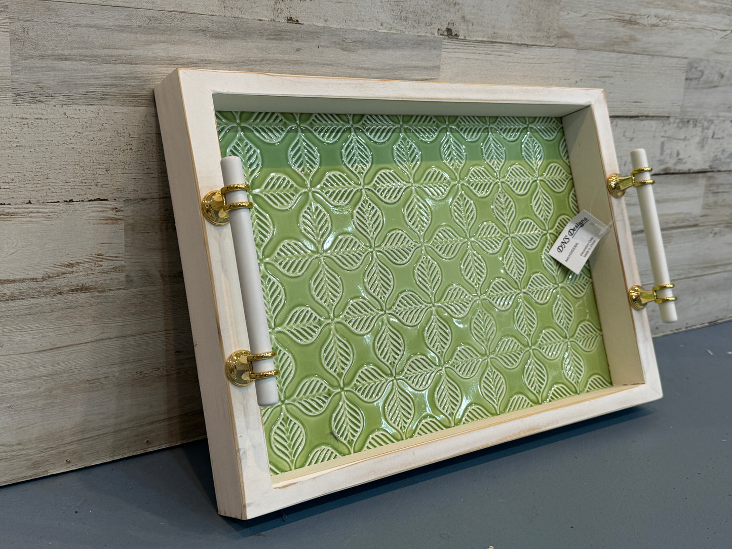 Embossed Green Decorative Serving Tray with White Handles | 15" x 10"