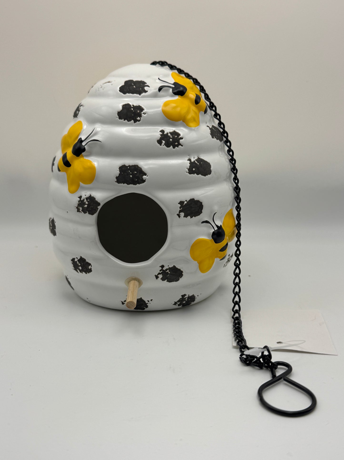 Bee Skep Ceramic Birdhouse with Hanging Chain - White