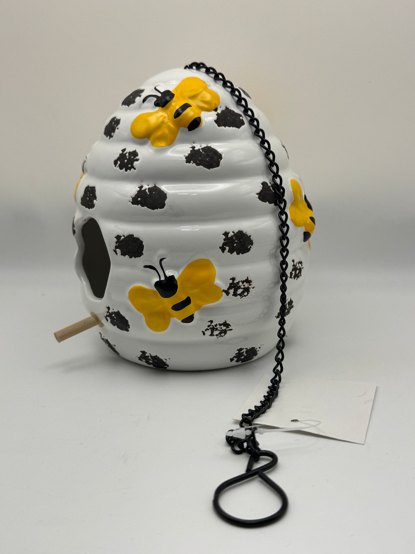 Bee Skep Ceramic Birdhouse with Hanging Chain - White