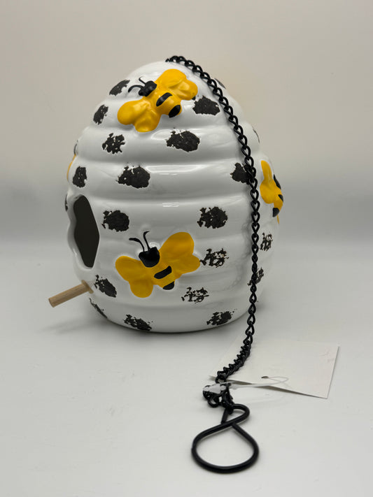 Bee Skep Ceramic Birdhouse with Hanging Chain - White