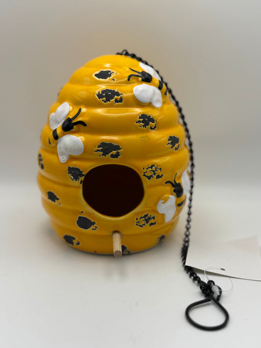 Bee Skep Ceramic Birdhouse with Hanging Chain - Yellow