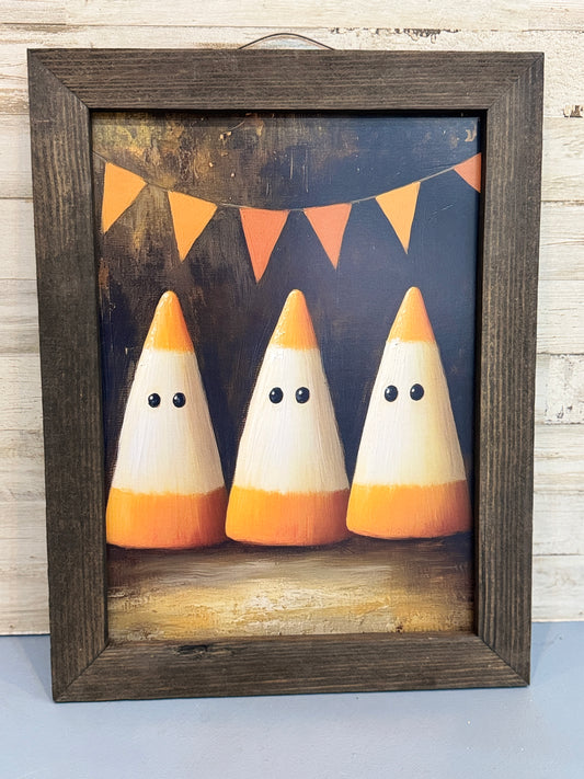 Candy Corn Ghost Trio Framed Halloween Wall Art – 12x16