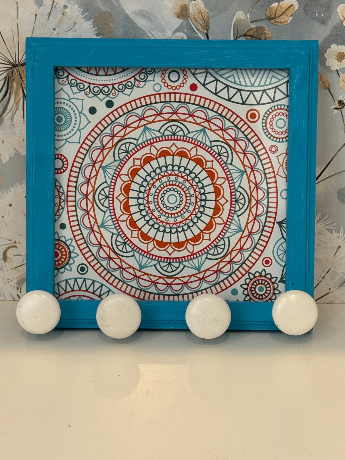 Colorful Mandala Wood Wall Hook – 4 Knobs – 8" x 8"