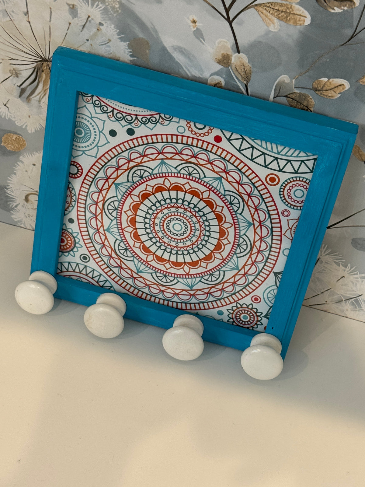 Colorful Mandala Wood Wall Hook – 4 Knobs – 8" x 8"