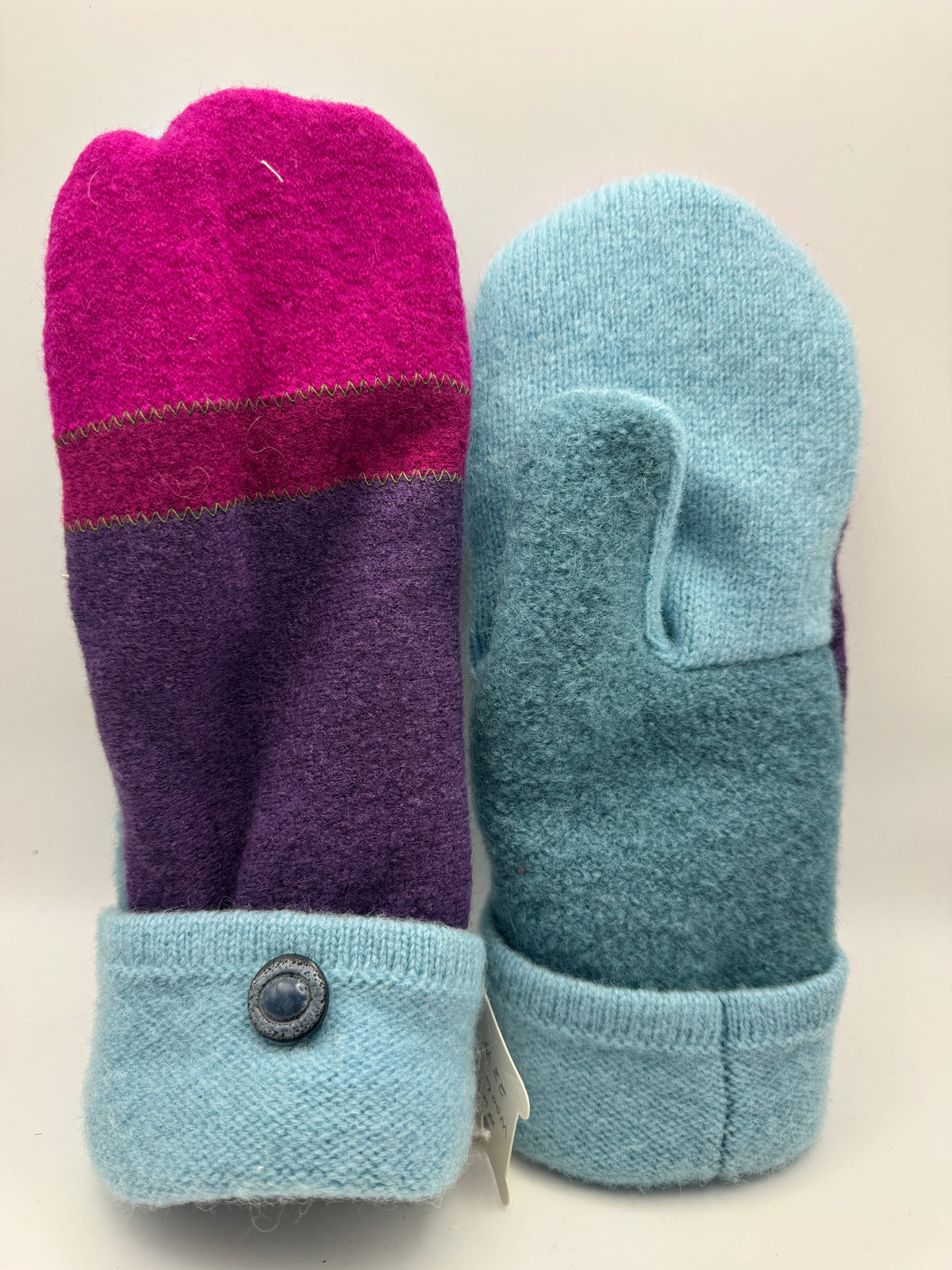 Eleanor – Handmade Repurposed Wool Mittens – Magenta, Purple & Aqua