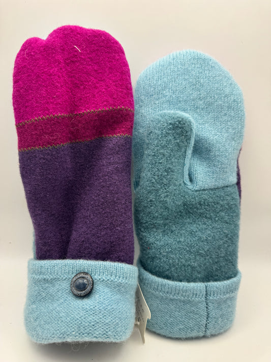 Eleanor – Handmade Repurposed Wool Mittens – Magenta, Purple & Aqua