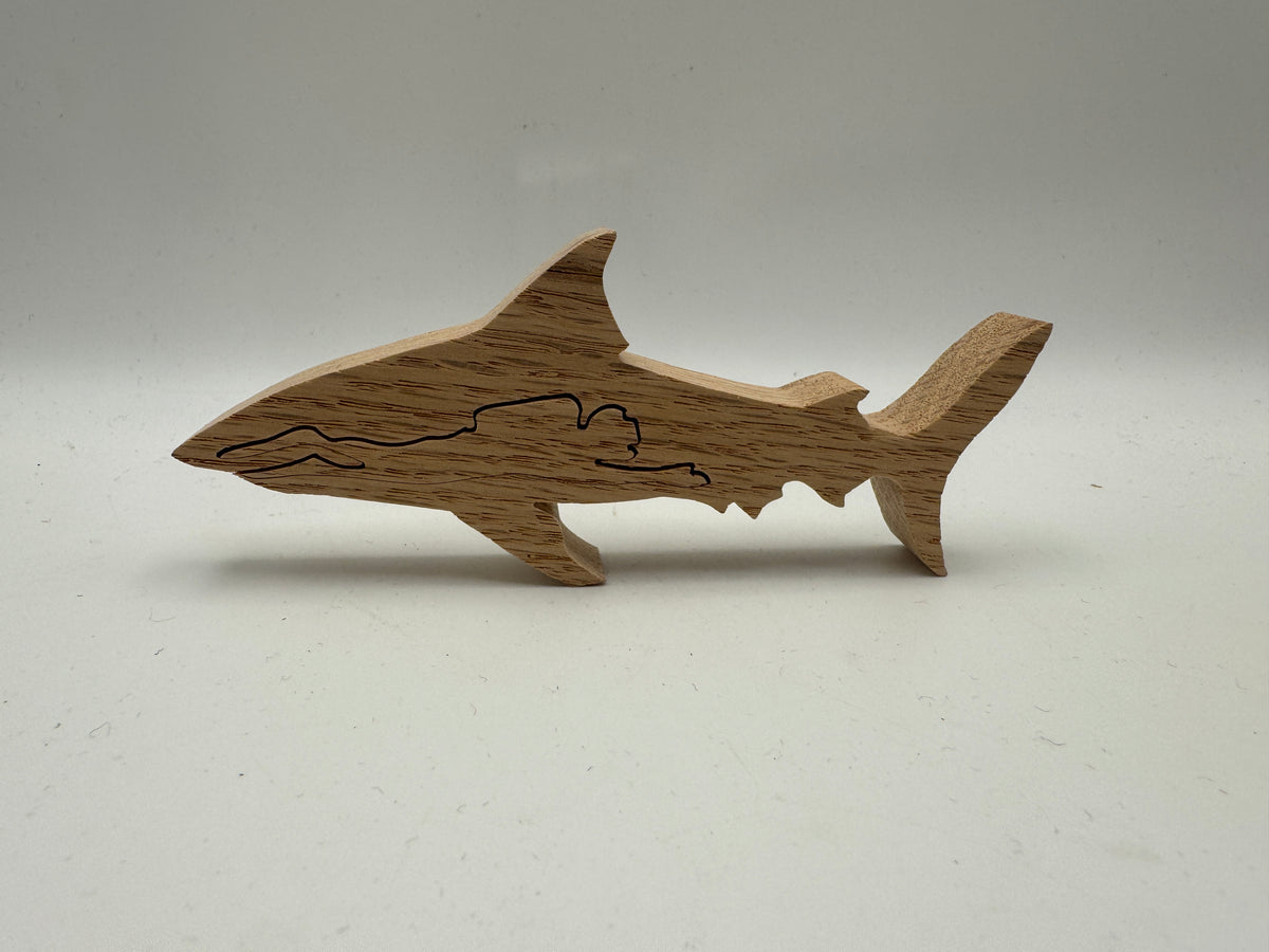 Handmade Wooden Shark with Michigan Great Lakes Design – 5"