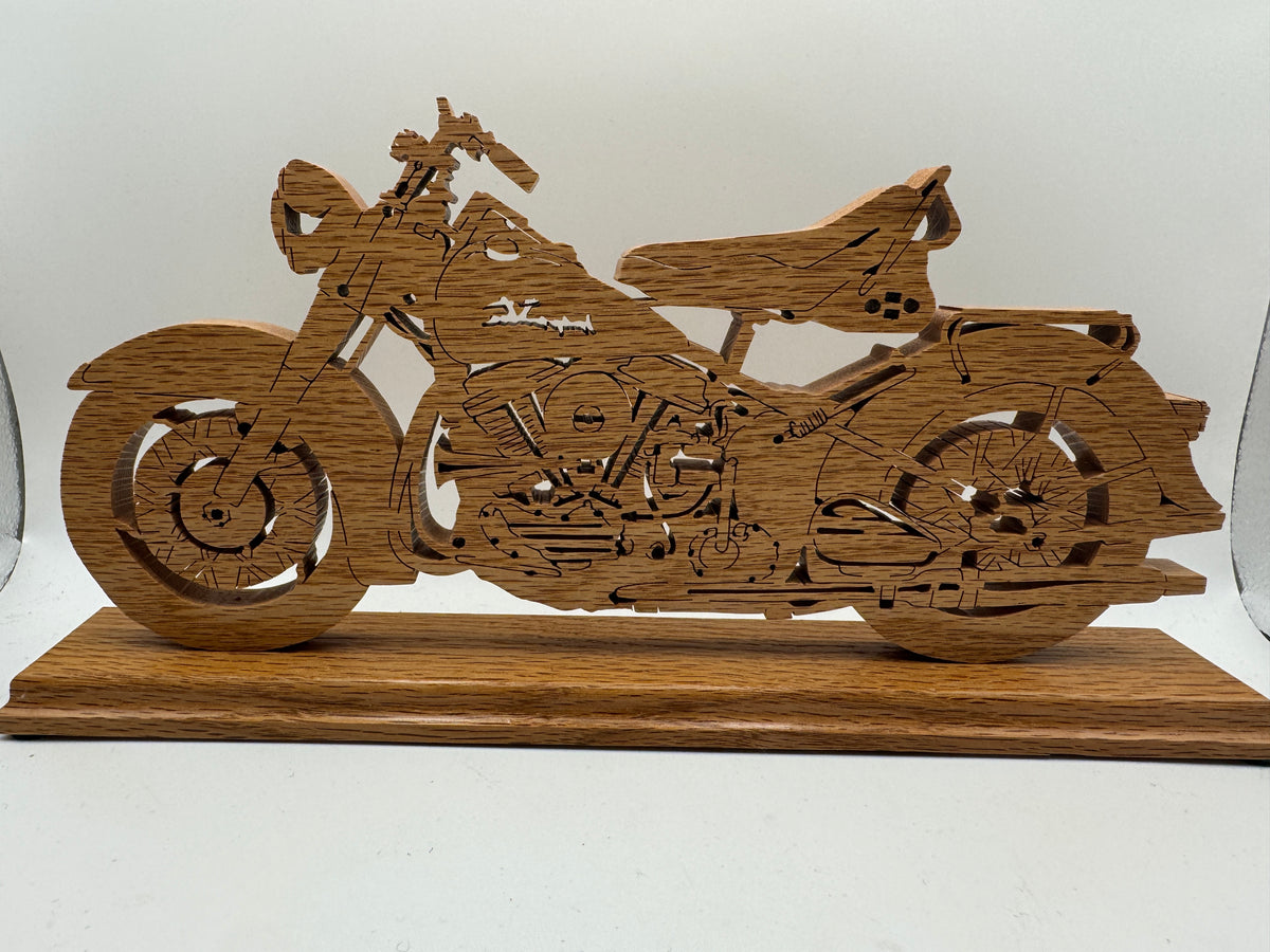 Handmade Wooden Motorcycle Sculpture on Stand – 12"
