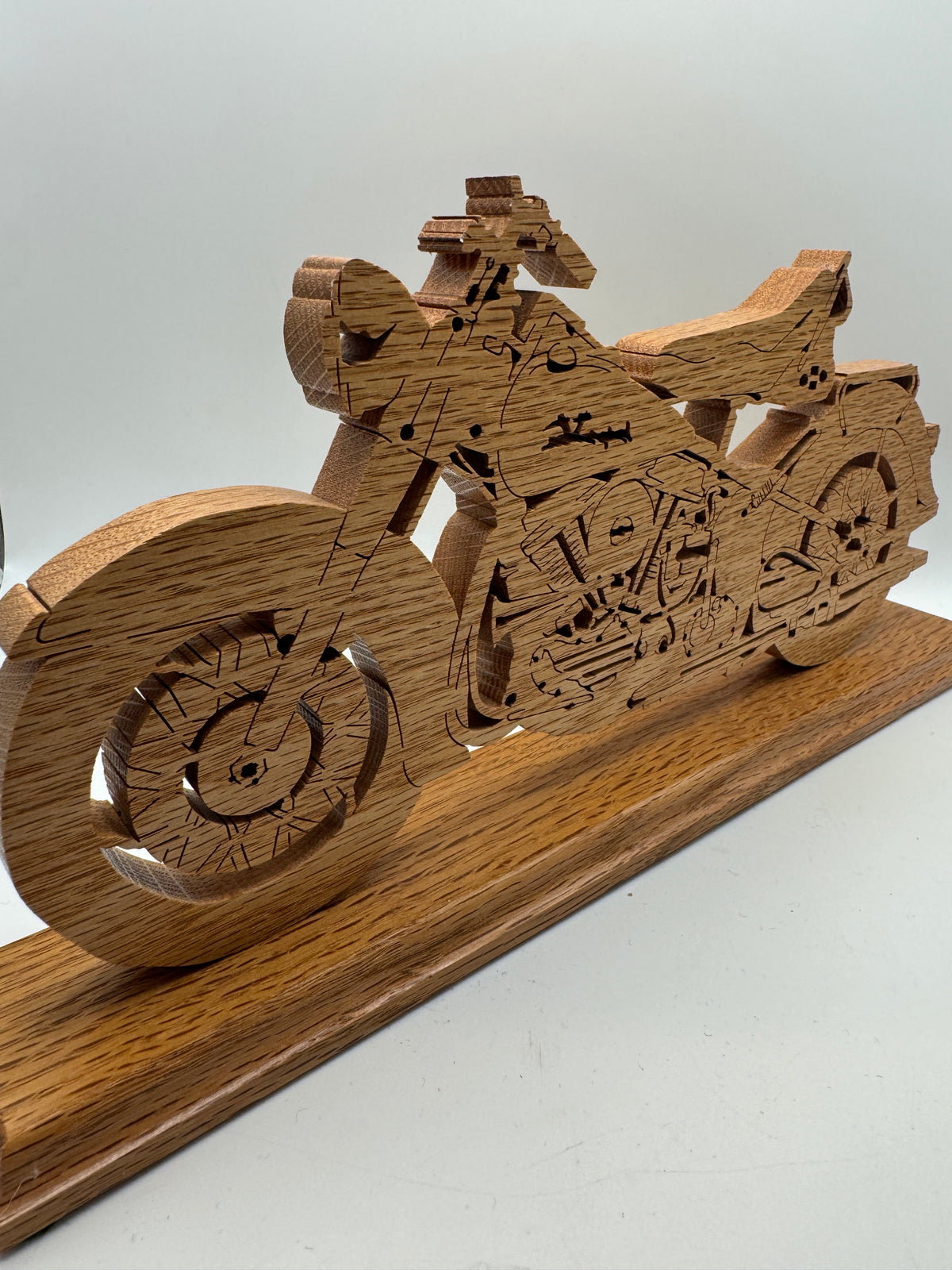 Handmade Wooden Motorcycle Sculpture on Stand – 12"