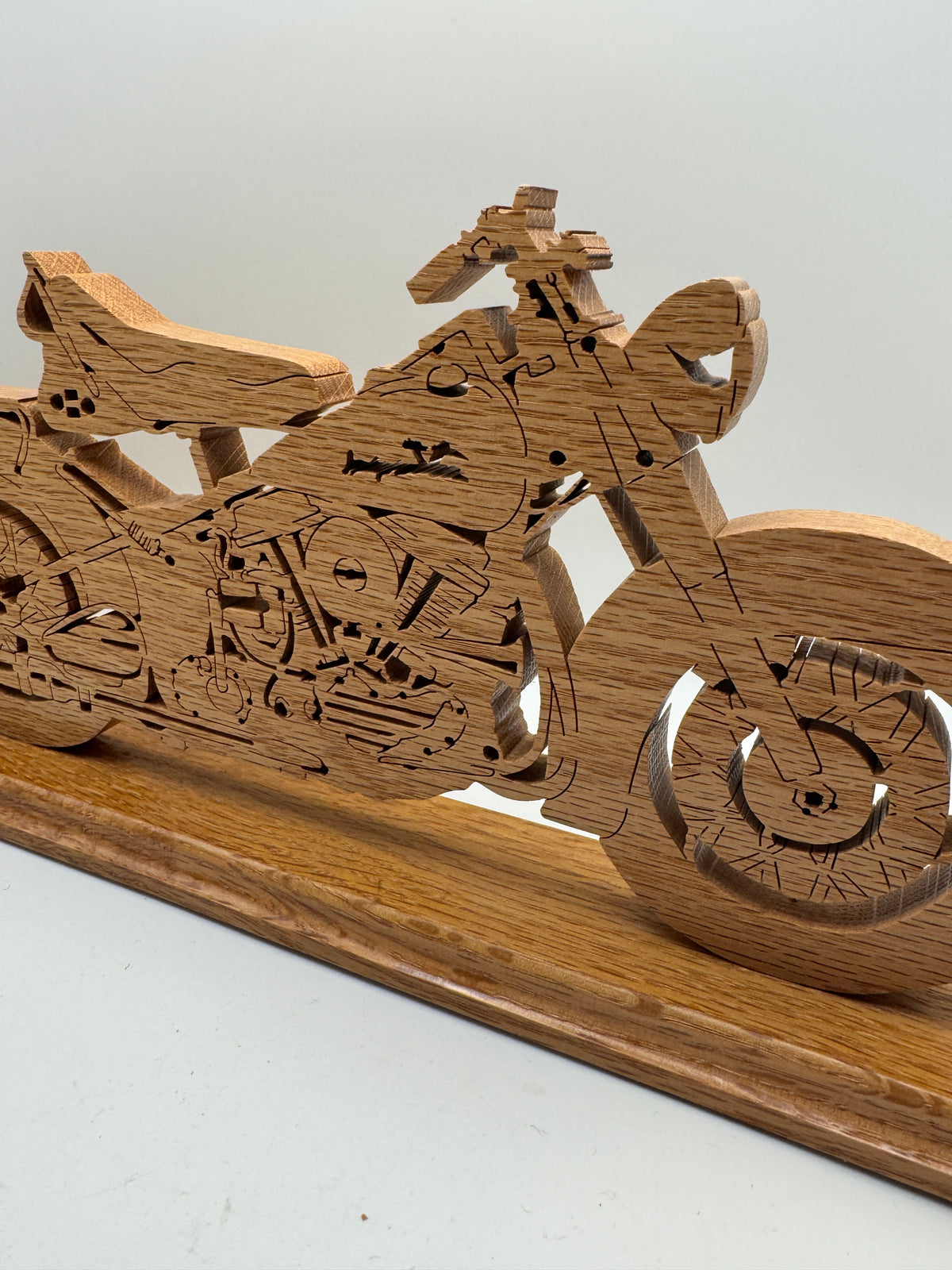 Handmade Wooden Motorcycle Sculpture on Stand – 12"