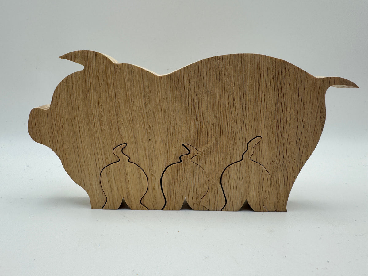 Handmade Wooden Mama Pig & Three Piglets Decor – 6"