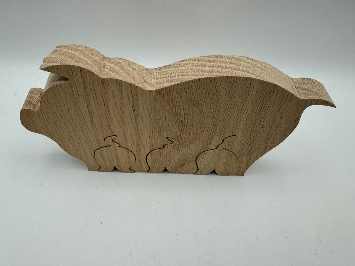 Handmade Wooden Mama Pig & Three Piglets Decor – 6"