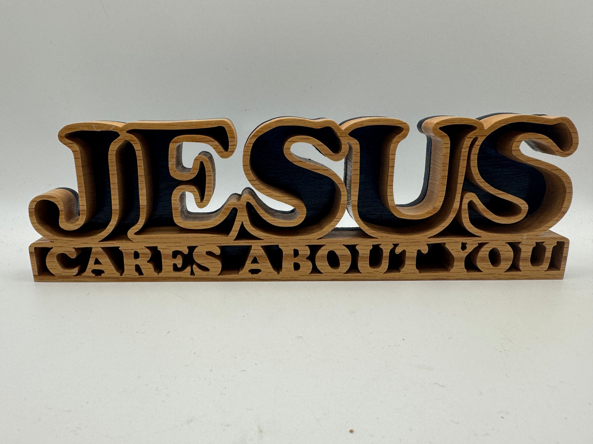Handmade Wooden Jesus Cares About You Shelf Sign – 9"