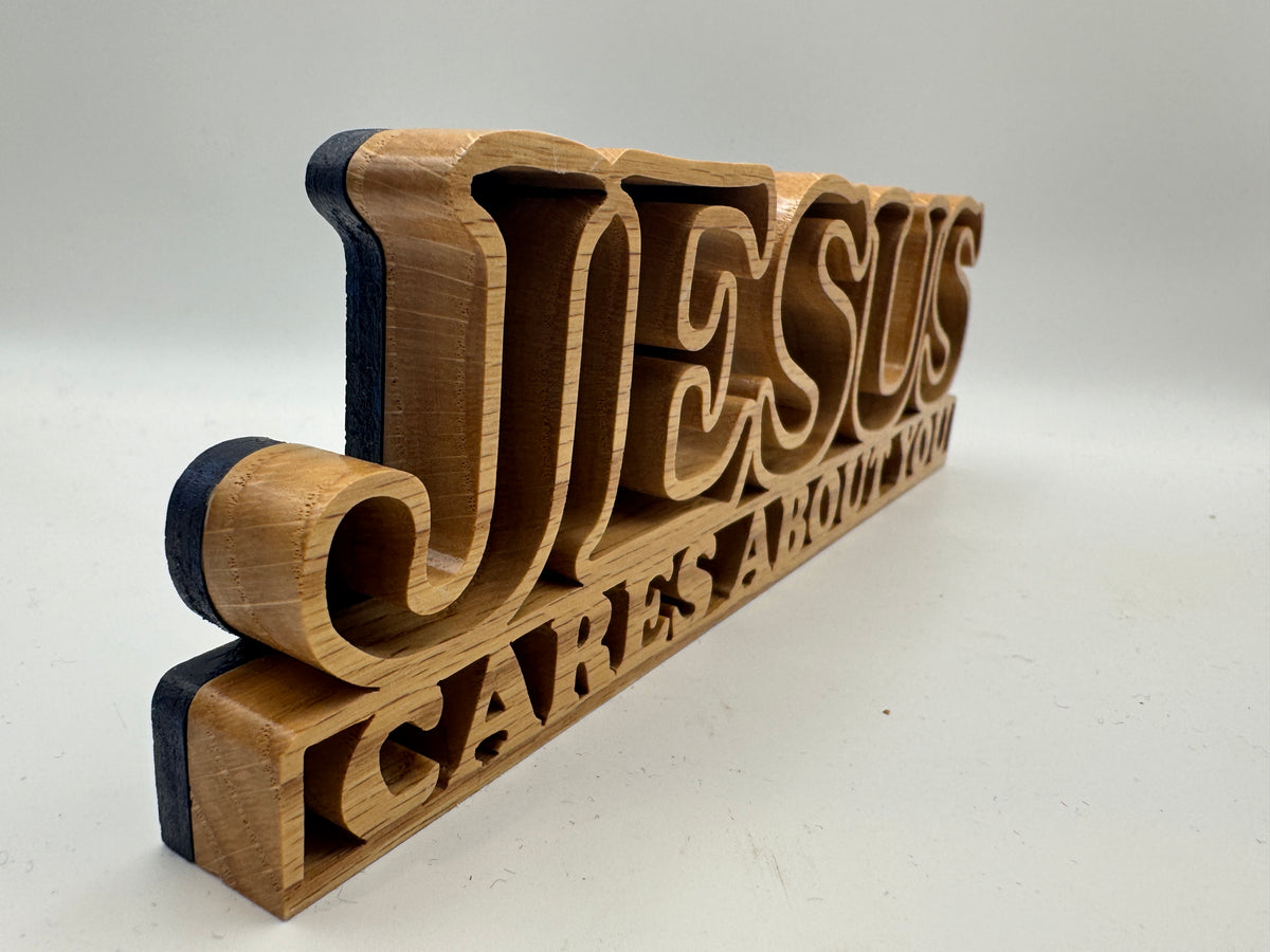 Handmade Wooden Jesus Cares About You Shelf Sign – 9"