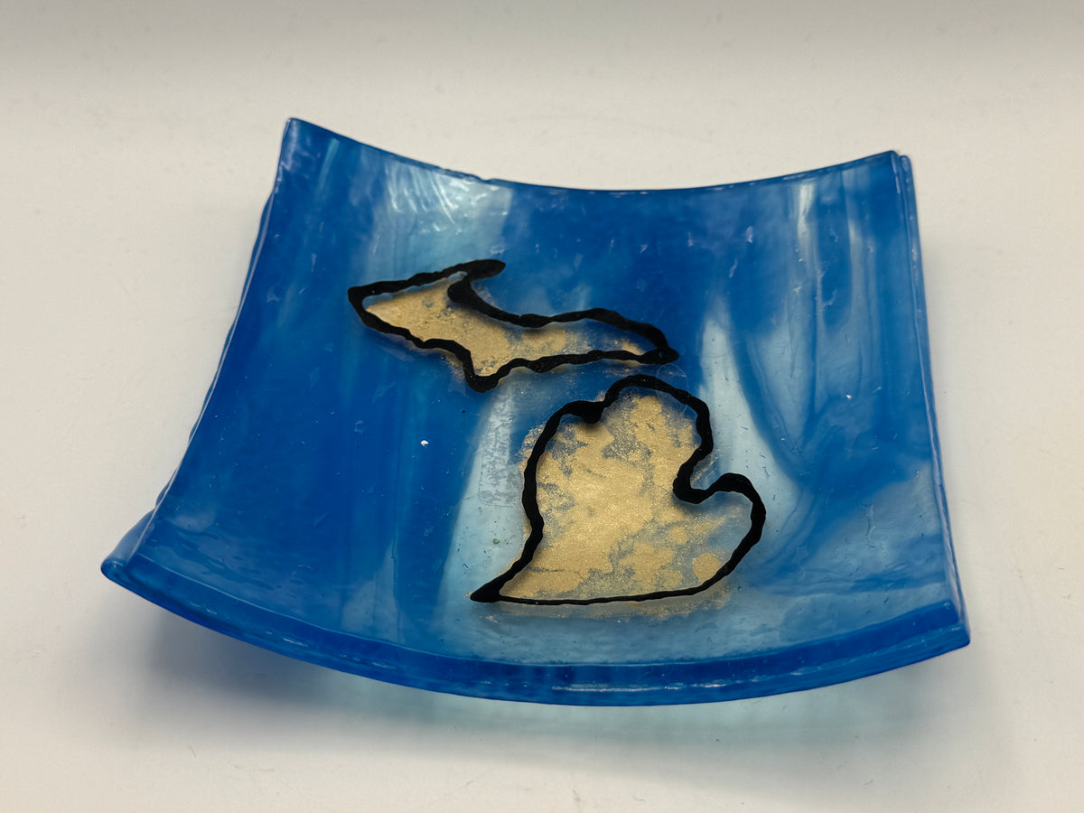 Beth’s Glass Creations – Michigan Blue & Gold Fused Glass Trinket Dish