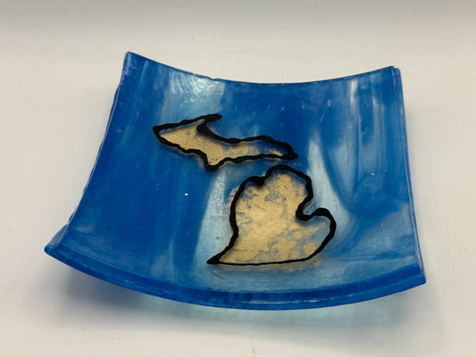 Beth’s Glass Creations – Michigan Blue & Gold Fused Glass Trinket Dish