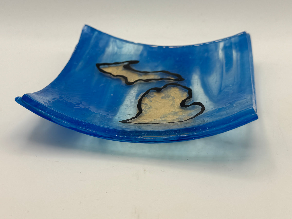 Beth’s Glass Creations – Michigan Blue & Gold Fused Glass Trinket Dish