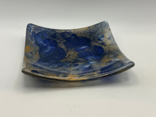 Beth’s Glass Creations – Blue & Gold Marbled Fused Glass Trinket & Soap Dish