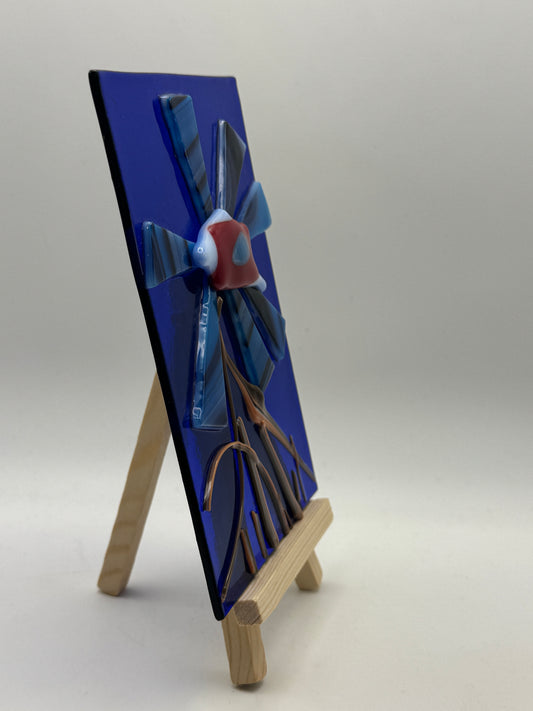 Beth’s Glass Creations – Blue Abstract Flower Fused Glass Art with Easel