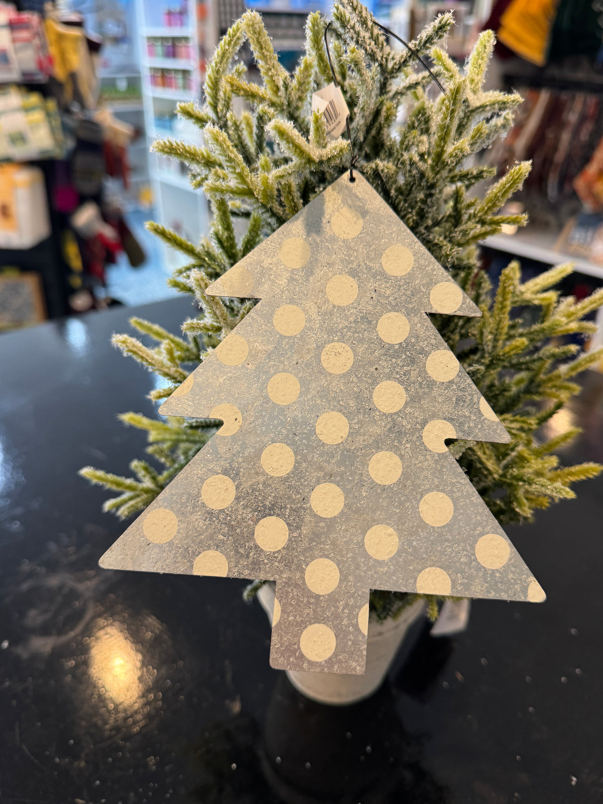 Decorated Metal Christmas Tree Ornament – White Polka Dot