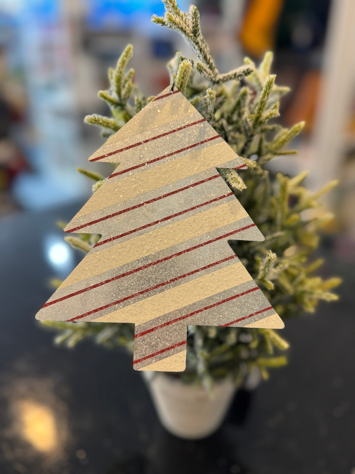 Decorated Metal Christmas Tree Ornament – Red & White Stripe