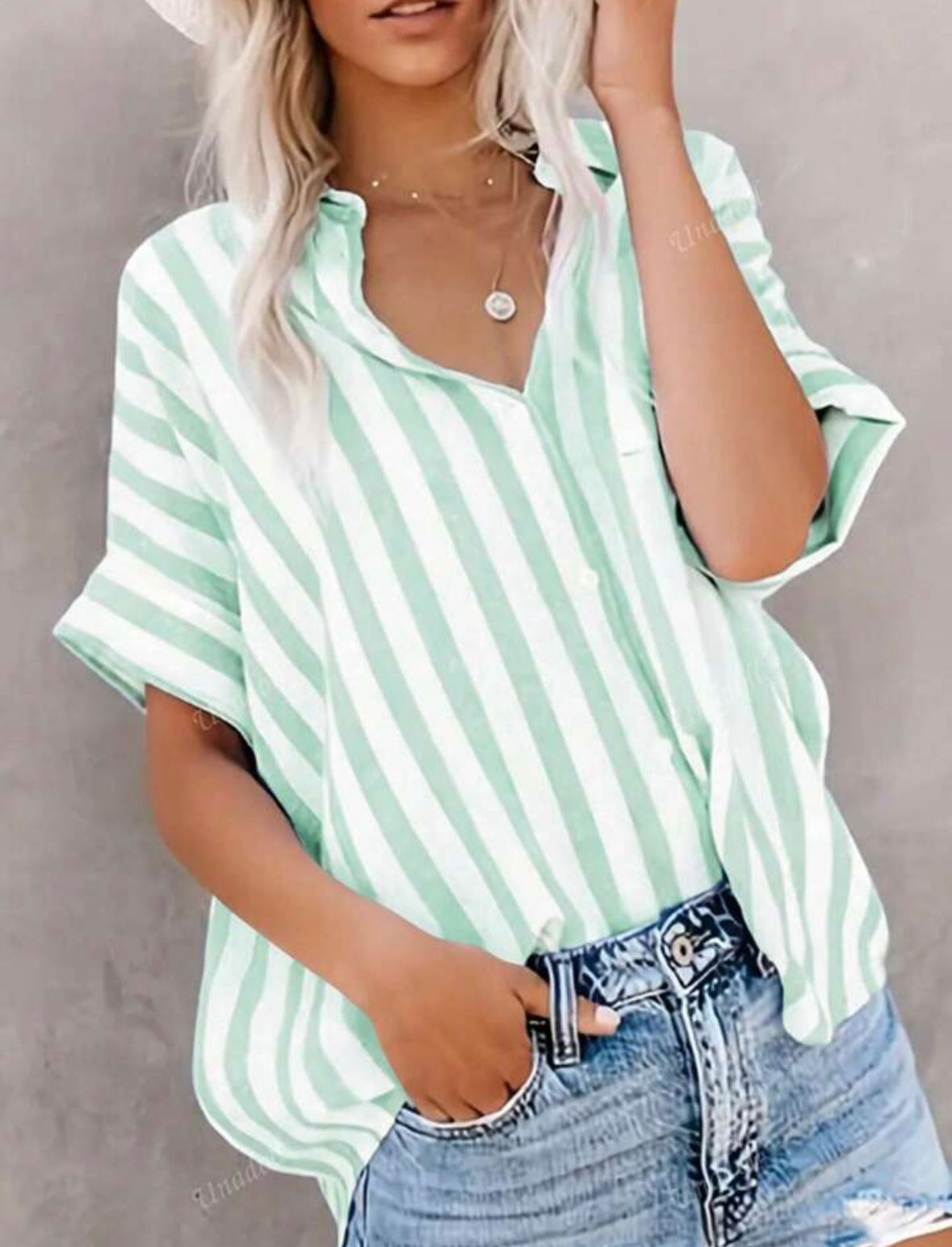 Ladies' Summer Leisure Striped Shirt - Green