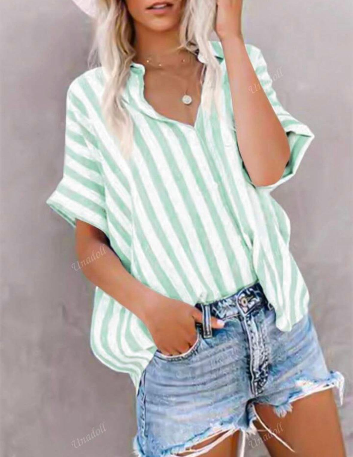 Ladies' Summer Leisure Striped Shirt - Green