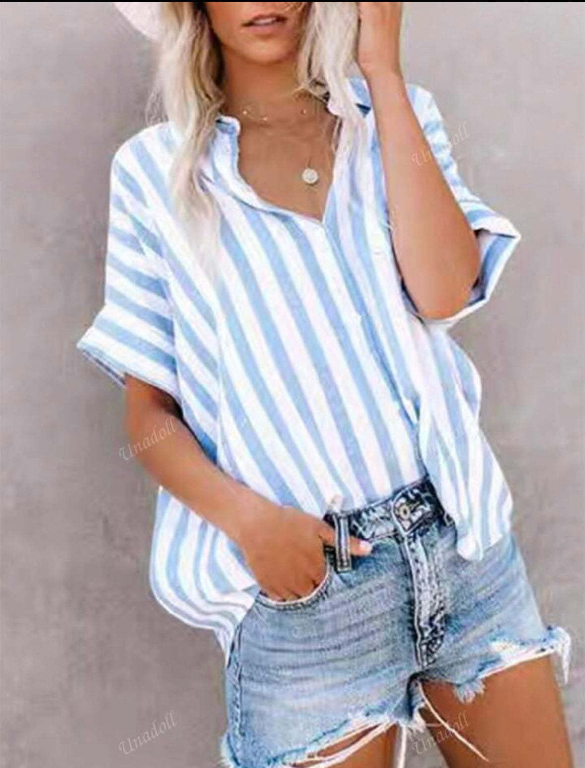 Ladies' Summer Leisure Striped Shirt - Blue