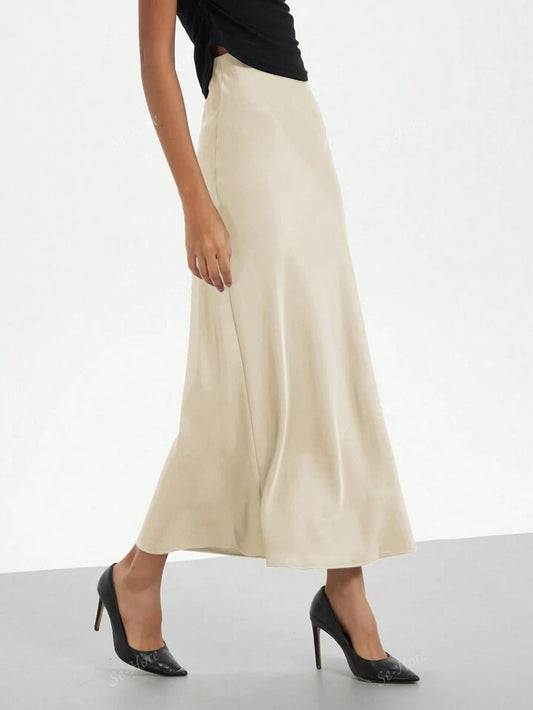 Women's Satin Fabric Stretch Satin Mid Calf Length Skirt - Cream
