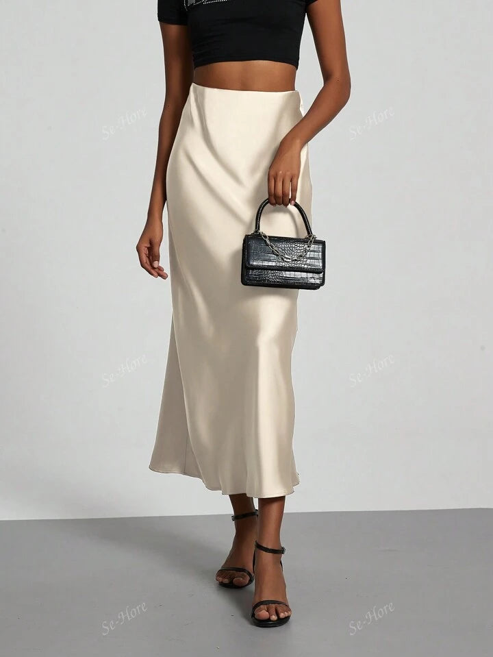 Women's Satin Fabric Stretch Satin Mid Calf Length Skirt - Cream