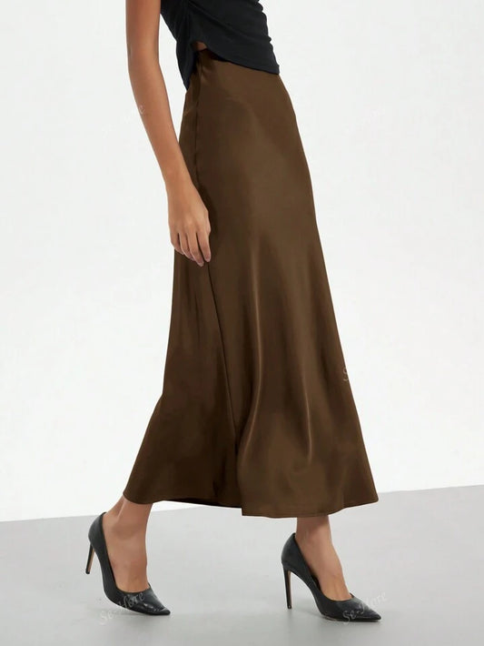 Women's Satin Fabric Stretch Satin Mid Calf Length Skirt - Brown