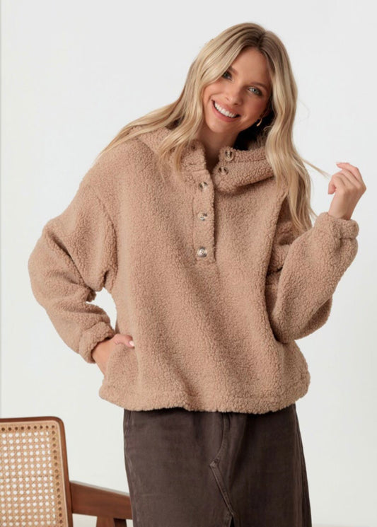 Hooded Teddy Knit Cropped Jacket with Button Neckline - Mocha