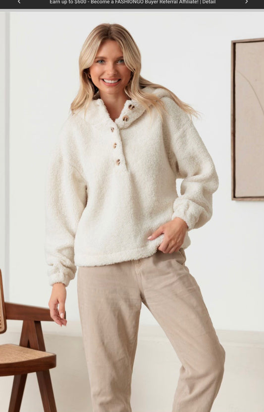 Hooded Teddy Knit Cropped Jacket with Button Neckline - Cream