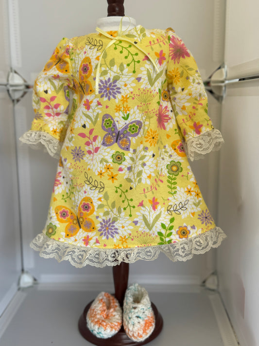 Handmade 18" Doll Clothes - Pajama set Yellow Floral Night Gown & Slippers