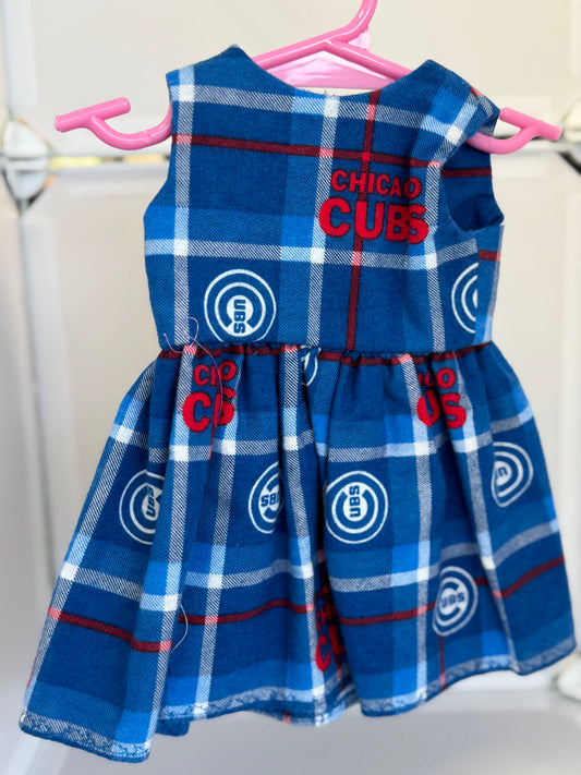 Handmade 18" Doll Clothes – Blue & Red Baseball-Inspired Dress with Matching Bow