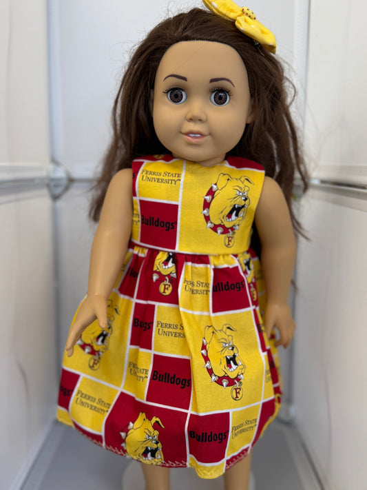 Handmade 18" Doll Clothes – Red & Gold Bulldog-Inspired Dress with Matching Bow