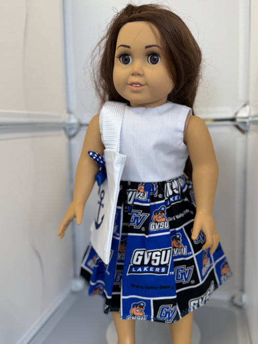 Handmade 18" Doll Clothes – Blue & White Collegiate-Inspired Dress with Matching Bow